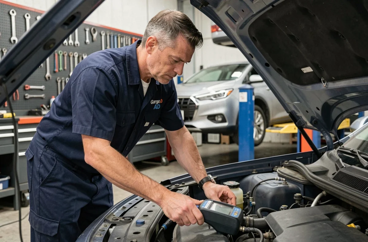 Mécanicien du Garage AD Tours Nord effectuant un diagnostic sur un véhicule dans son atelier