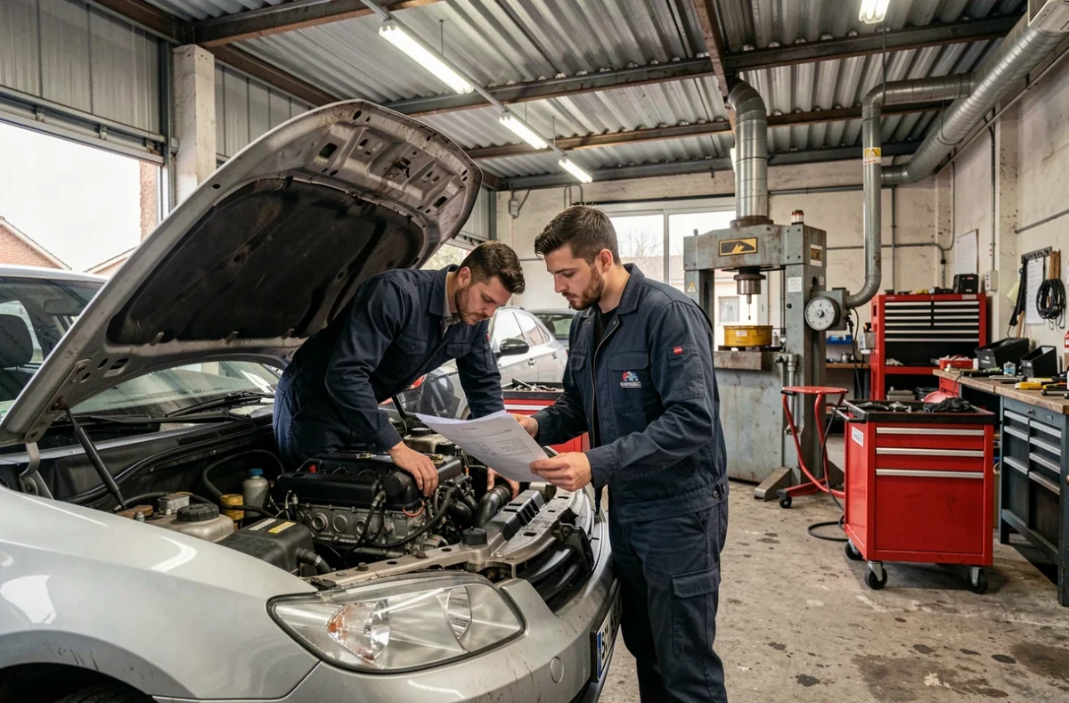 Deux mécaniciens effectuant une réparation moteur dans l'atelier du Garage Gallien à Vénissieux