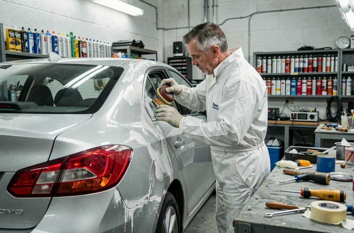 Carrossier du Garage Guénant réparant une carrosserie endommagée dans un atelier de mécanique en Centre-Val de Loire