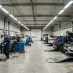 Vue panoramique de l'intérieur d'un garage automobile dans le Rhône avec plusieurs véhicules en réparation et des mécaniciens au travail