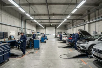 Vue panoramique de l'intérieur d'un garage automobile dans le Rhône avec plusieurs véhicules en réparation et des mécaniciens au travail