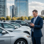 Manager de flotte en costume dans un parking urbain
