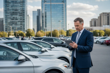 Manager de flotte en costume dans un parking urbain