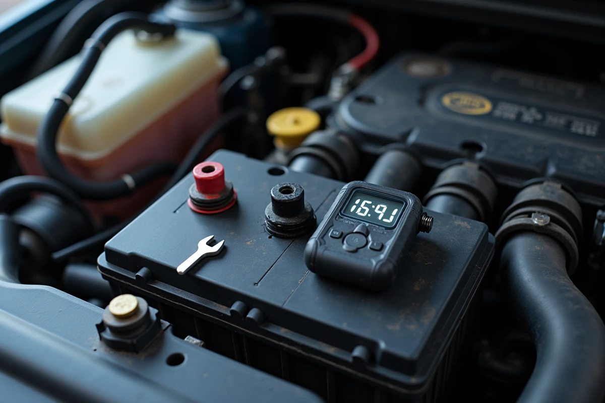 Gros plan sur les bornes d'une batterie de voiture débranchée avec minuterie indiquant le temps de réinitialisation