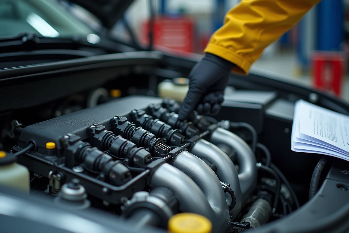 Gros plan sur les injecteurs et le circuit d'injection d'un moteur Renault Clio 5 avec rapport de diagnostic posé sur le moteur