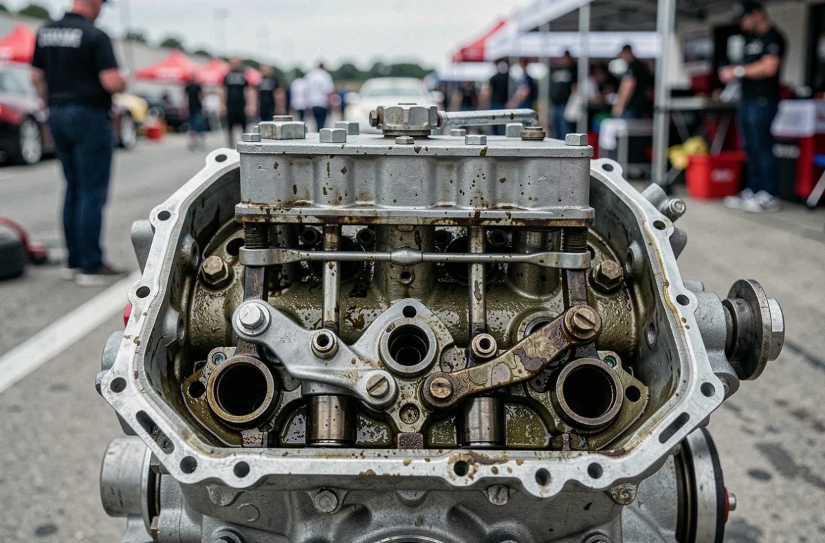 Gros plan sur les composants internes d'un moteur de compétition découvert dans un paddock de course automobile