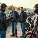 Groupe de motards devant leurs motos vintage et modernes