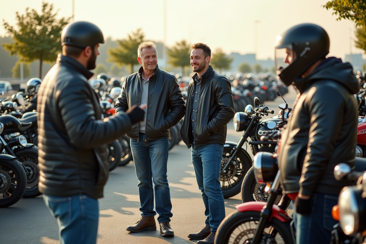 Groupe de motards devant leurs motos vintage et modernes