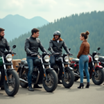 Groupe de motards passionnés devant leurs motos en montagne