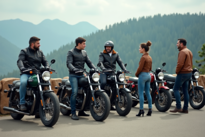 Groupe de motards passionnés devant leurs motos en montagne
