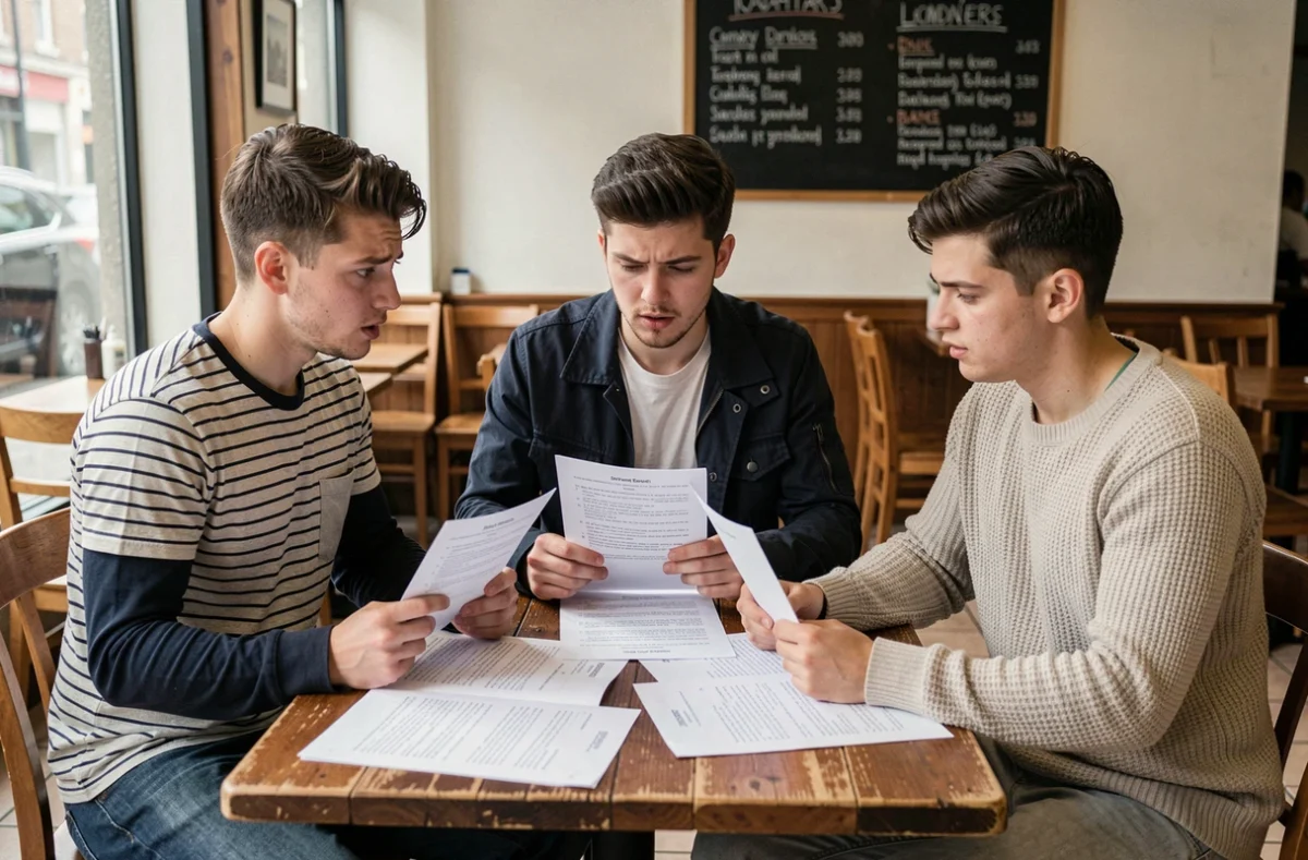 Groupe de jeunes candidats révisant ensemble les questions du permis de conduire dans un café