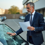 Homme d'affaires examinant une voiture endommagée