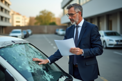 Homme d'affaires examinant une voiture endommagée