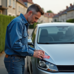 Homme posant un sticker sur une plaque d'immatriculation dans un quartier résidentiel