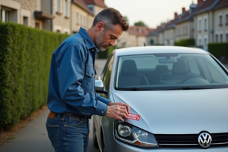Homme posant un sticker sur une plaque d'immatriculation dans un quartier résidentiel