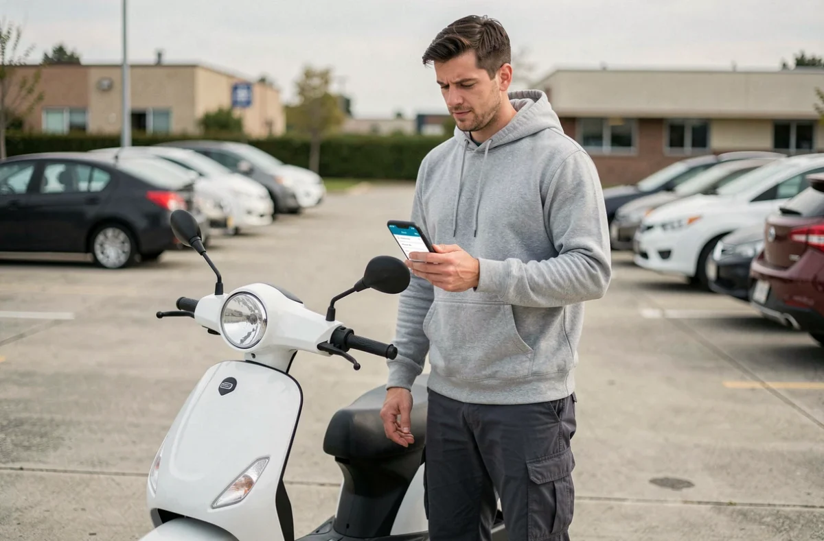Homme consultant une application d'assurance sur smartphone à côté de son scooter électrique 50cc blanc