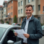Homme d'âge moyen avec document d'assurance et voiture compacte