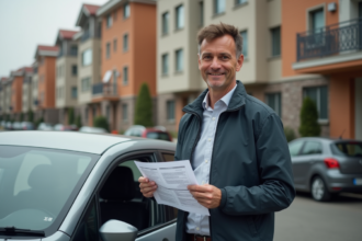 Homme d'âge moyen avec document d'assurance et voiture compacte