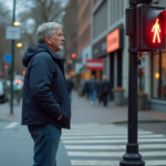 Homme d'âge moyen regardant le feu rouge piéton