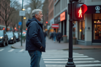 Homme d'âge moyen regardant le feu rouge piéton