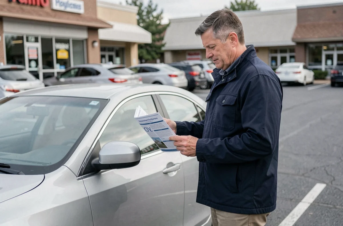 Homme consultant une brochure d'assurance auto à côté de sa voiture dans un parking