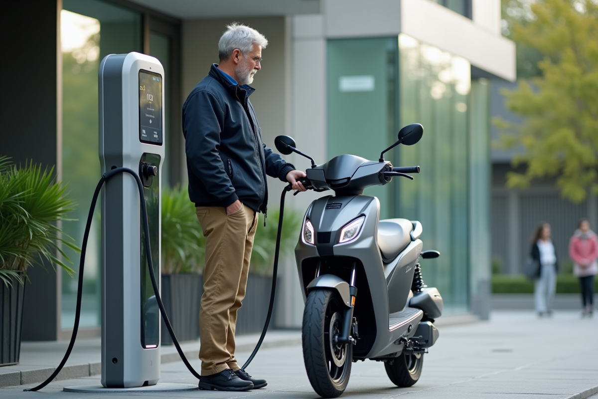 Homme chargeant sa moto électrique dans la ville