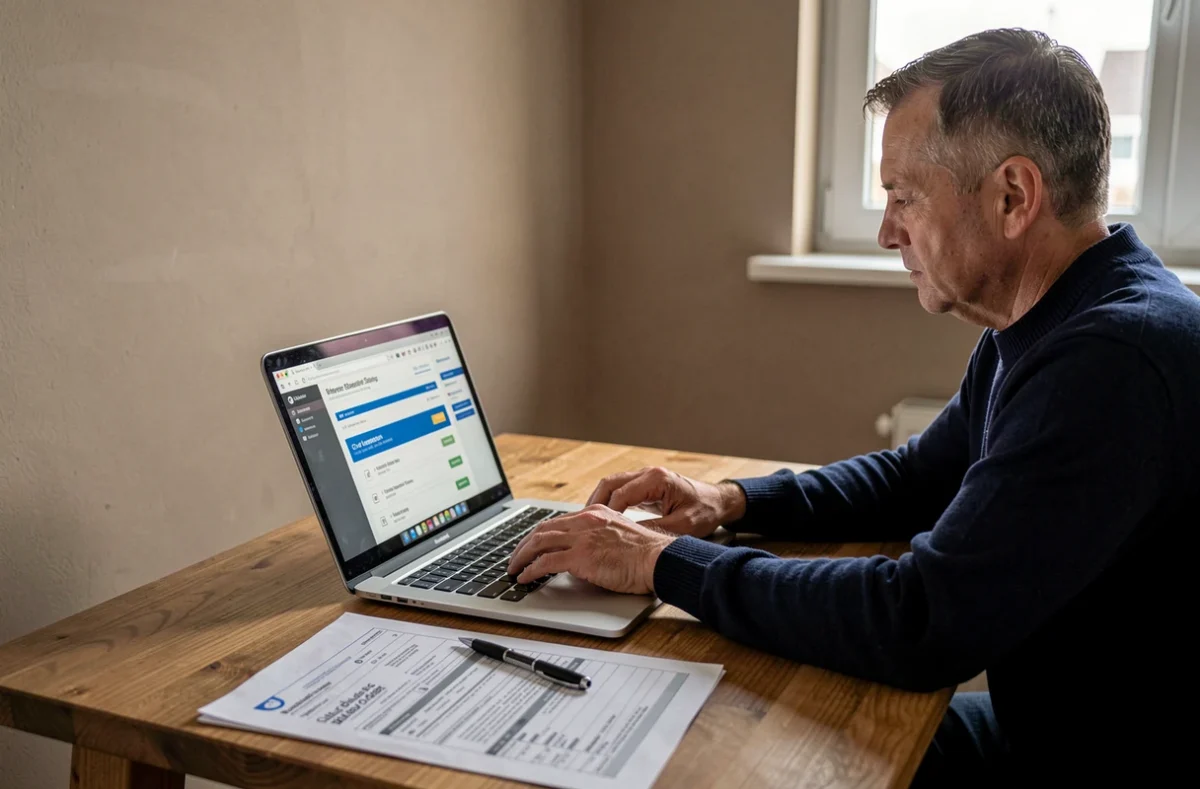 Homme comparant des offres d'assurance auto à franchise basse sur un ordinateur portable à la maison