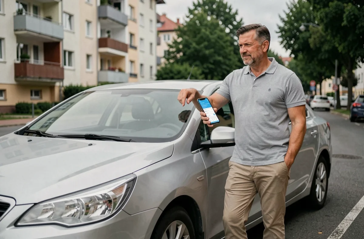 Homme comparant des offres d'assurance auto tous risques sans franchise sur smartphone devant sa voiture