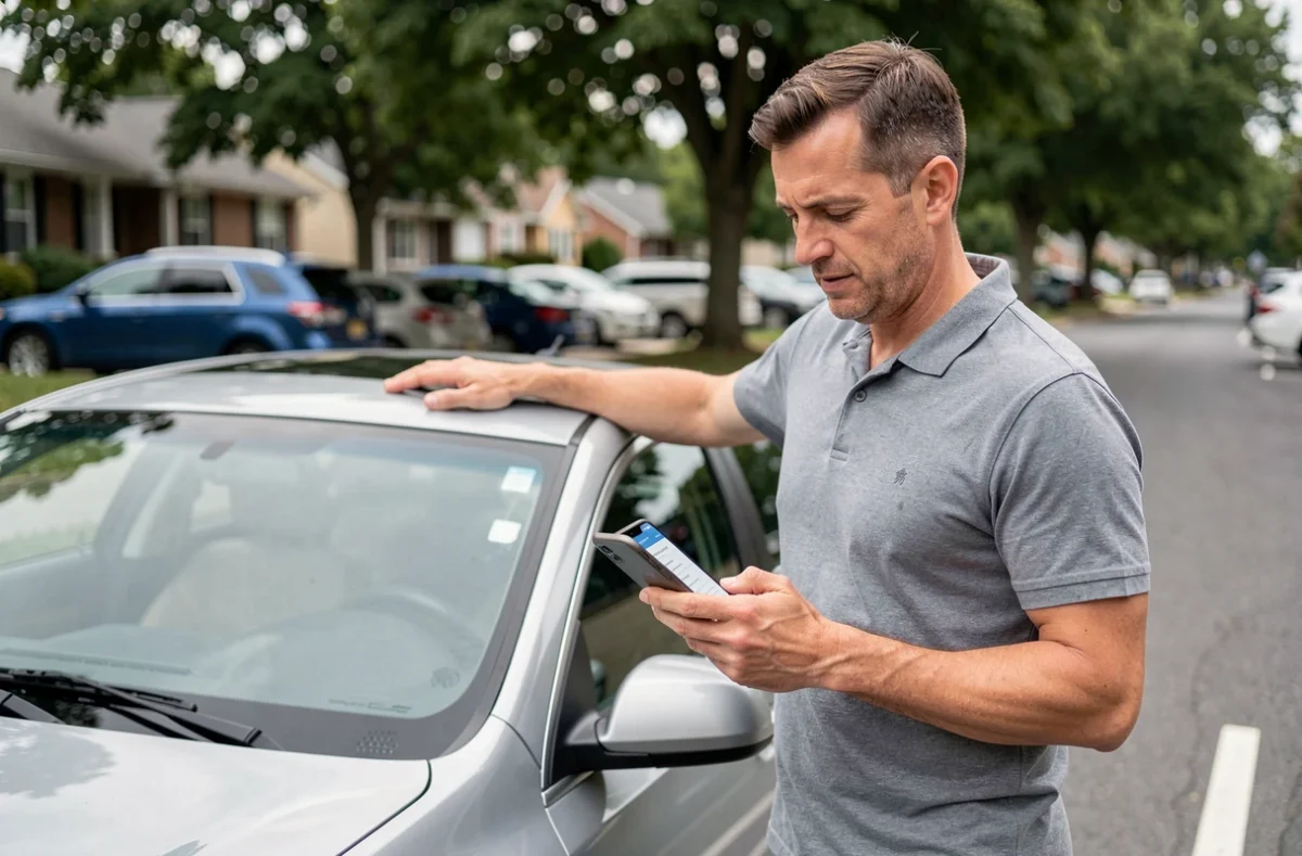 Homme consultant un comparateur d'assurance auto sur smartphone à côté de sa voiture dans la rue