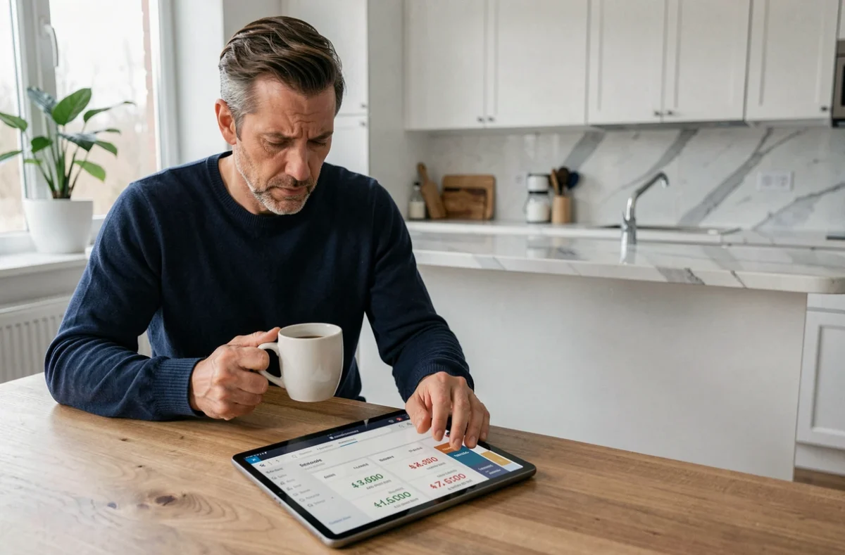 Homme consultant un comparateur de devis assurance auto sur une tablette dans une cuisine moderne