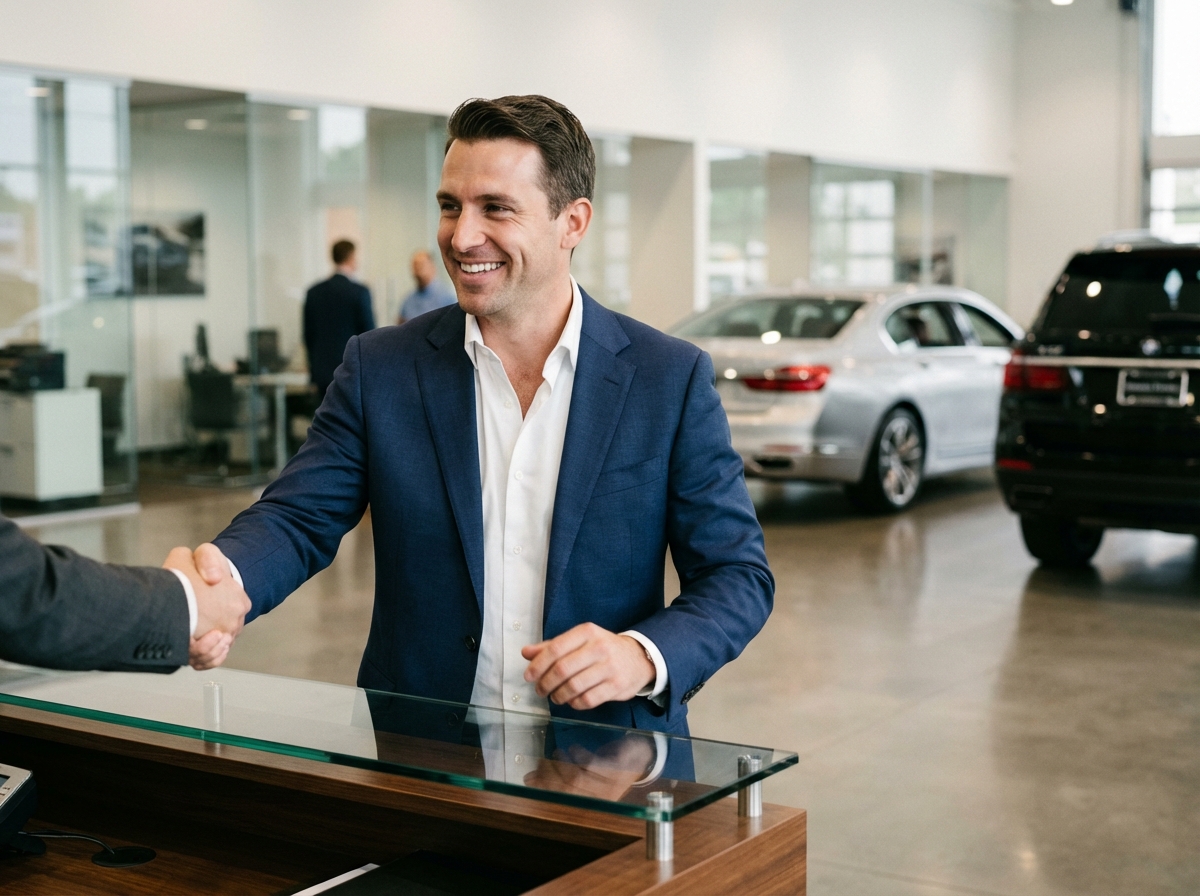 Homme confiant en costume dans un concessionnaire automobile