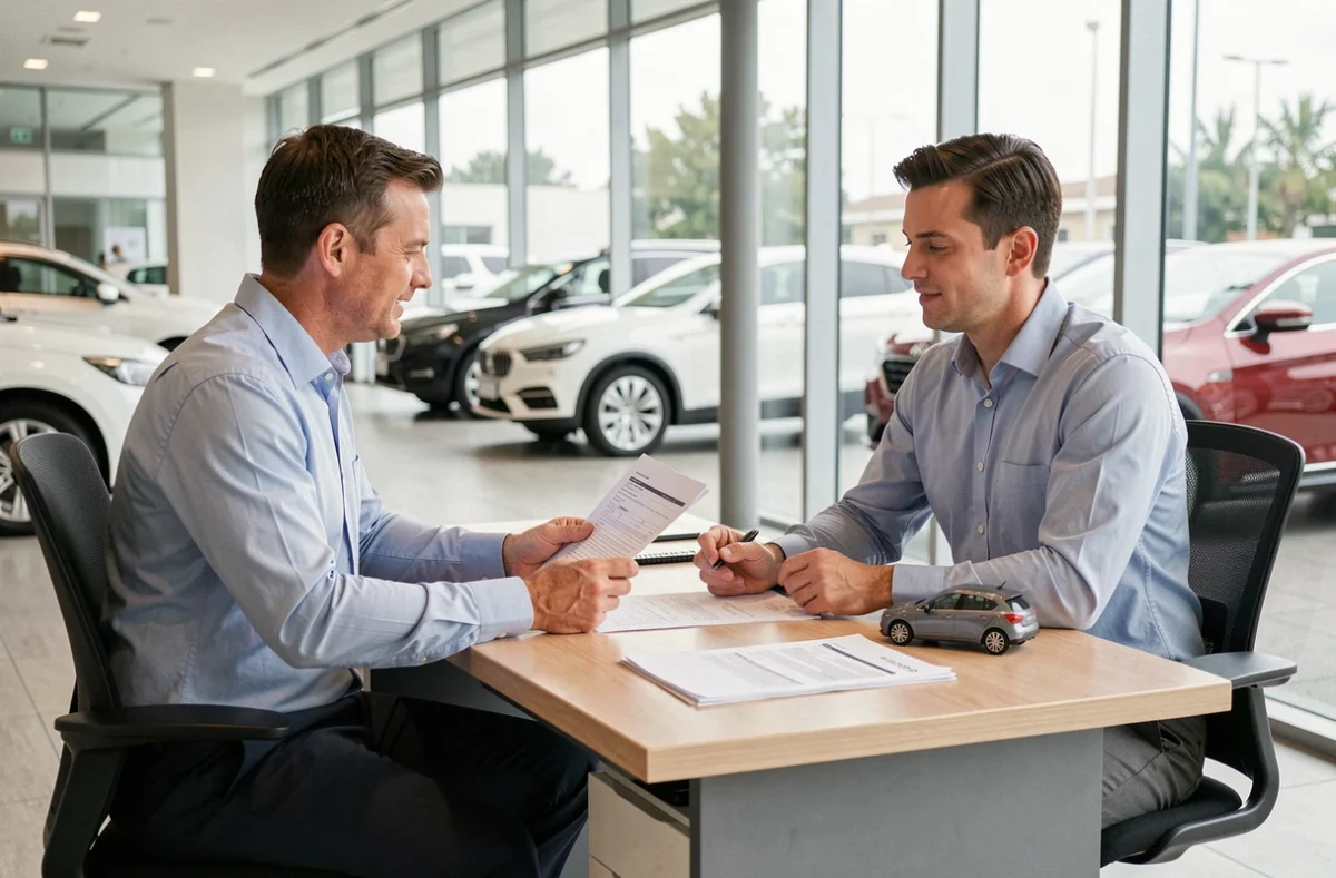 Homme discutant d'un contrat LOA avec un conseiller dans une concession automobile