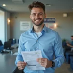 Jeune homme avec documents devant guichet officiel