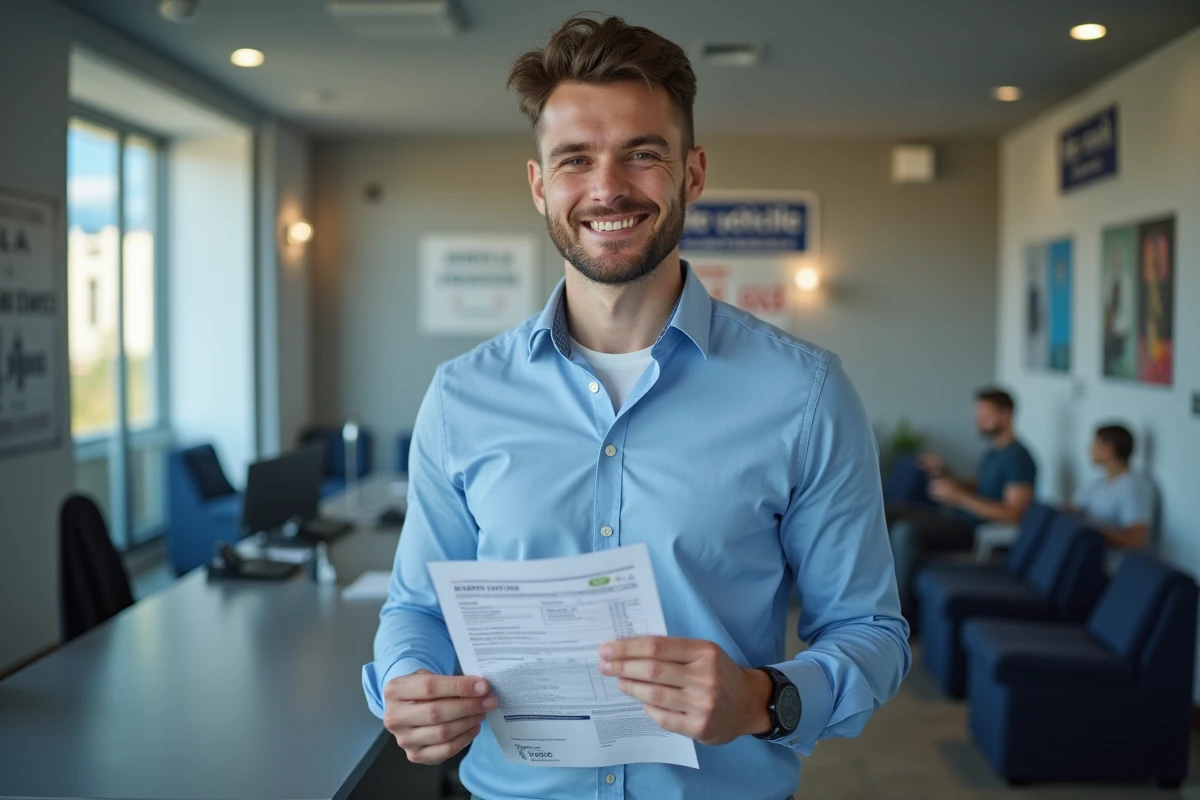 Jeune homme avec documents devant guichet officiel