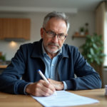 Homme d'âge moyen remplissant un papier de transfert voiture