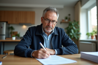 Homme d'âge moyen remplissant un papier de transfert voiture