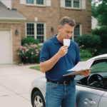 Homme d'âge moyen examinant des papiers devant sa voiture