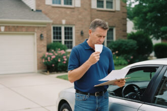 Homme d'âge moyen examinant des papiers devant sa voiture