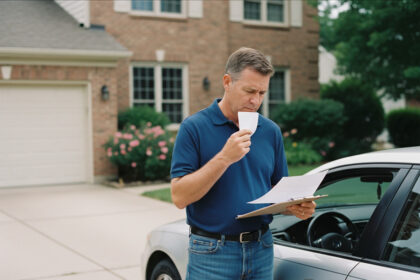 Homme d'âge moyen examinant des papiers devant sa voiture