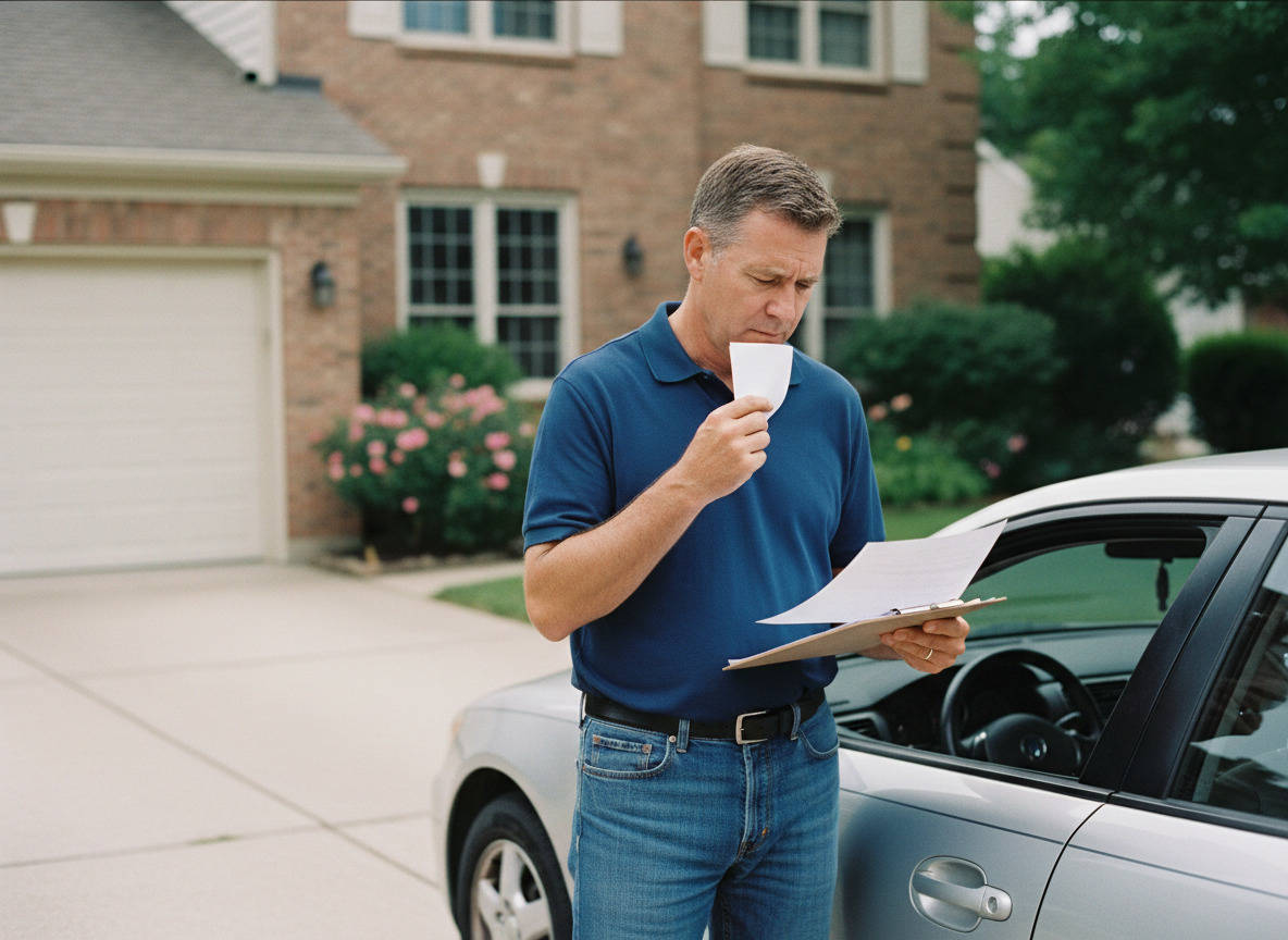 Homme d'âge moyen examinant des papiers devant sa voiture