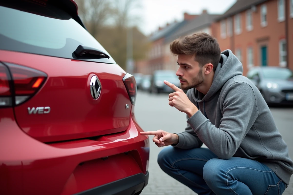 Homme identifiant le sigle d'une voiture sur le coffre arrière d'une citadine rouge dans un parking urbain