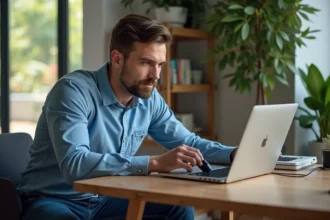 Homme branchant un inverseur 12V a 220V dans un bureau moderne