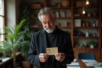 Homme d'âge moyen examinant sa vieille licence de conduire française