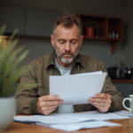 Homme d'âge moyen lisant une lettre dans la cuisine