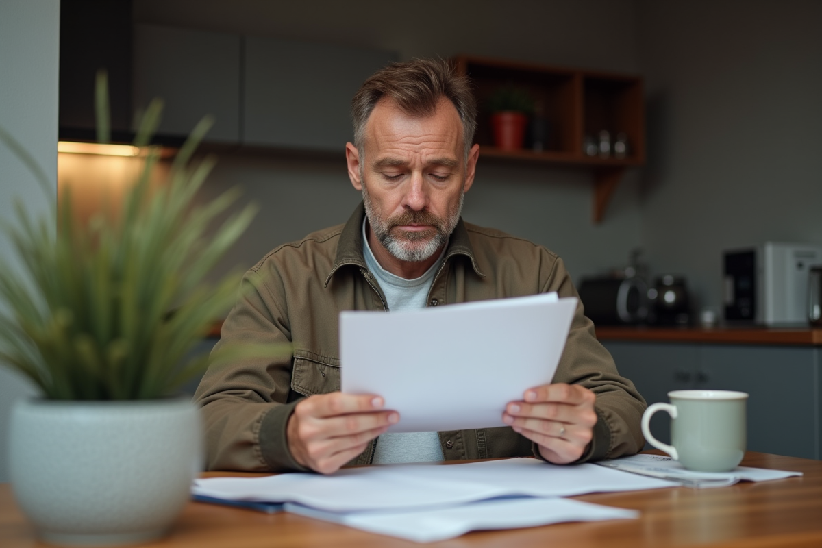 Homme d'âge moyen lisant une lettre dans la cuisine