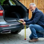 Homme mesurant l'espace du coffre d'un SUV en extérieur