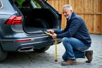 Homme mesurant l'espace du coffre d'un SUV en extérieur