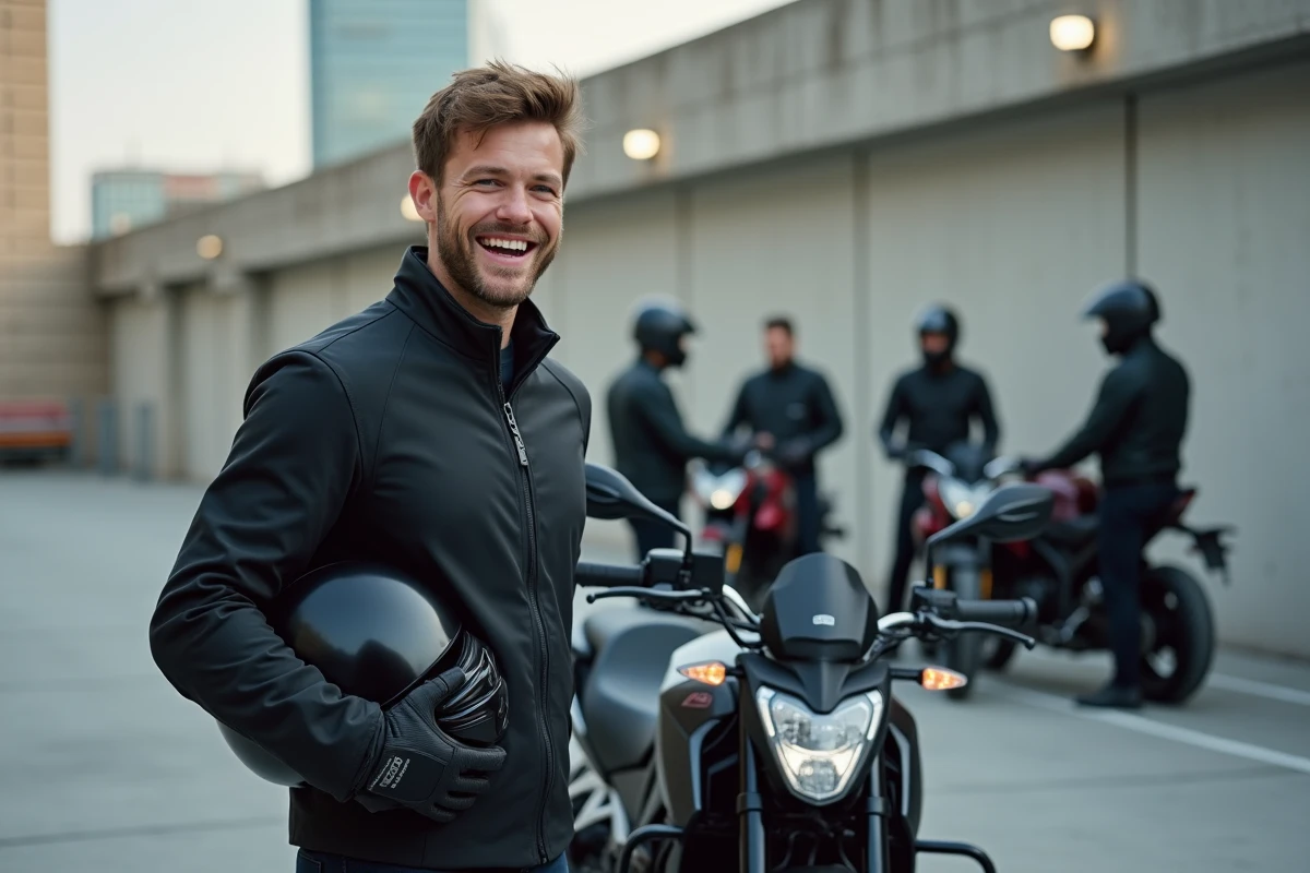 Jeune homme souriant avec moto en ville