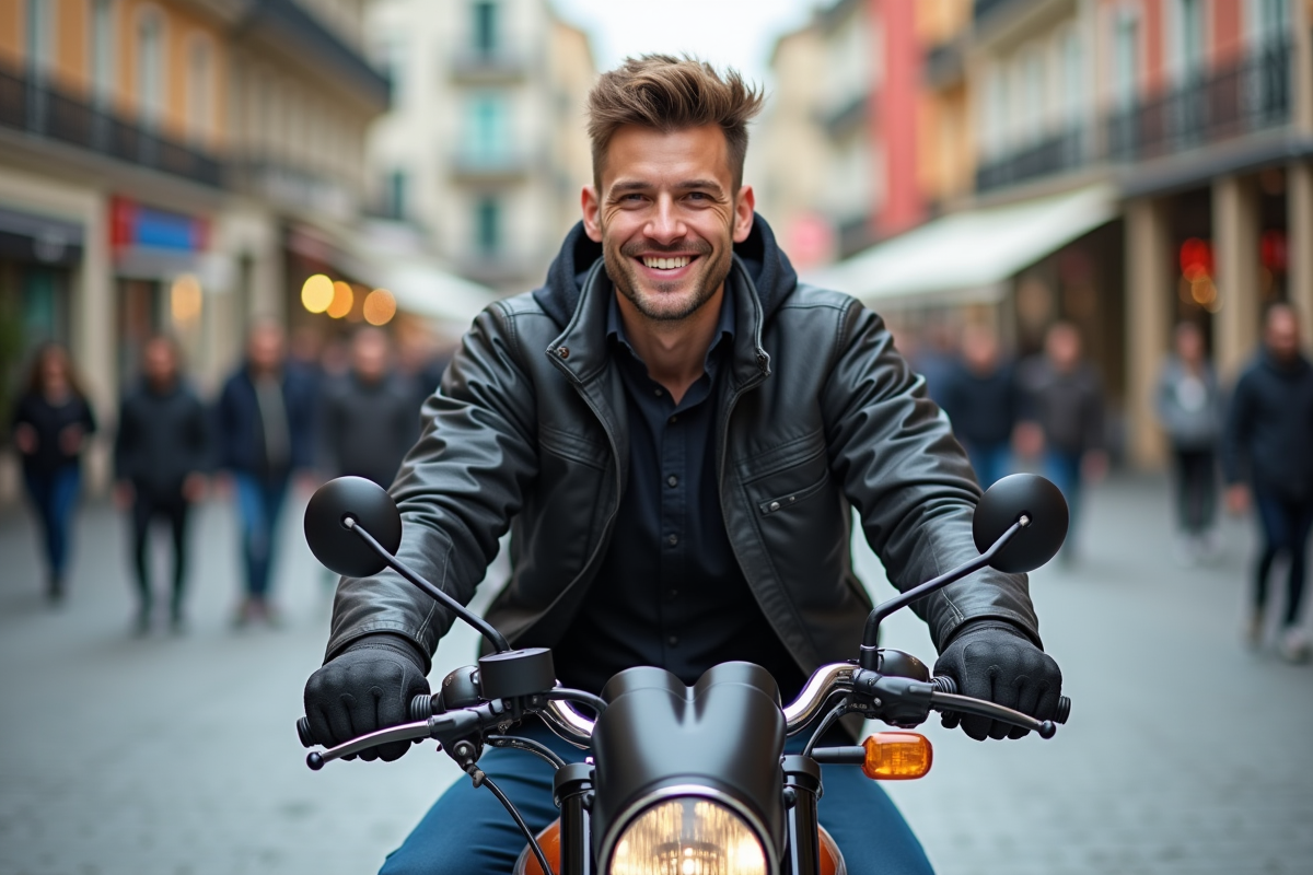 Homme en veste de protection sur une grande moto en ville