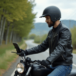 Homme en moto regardant son smartphone sur une route rurale